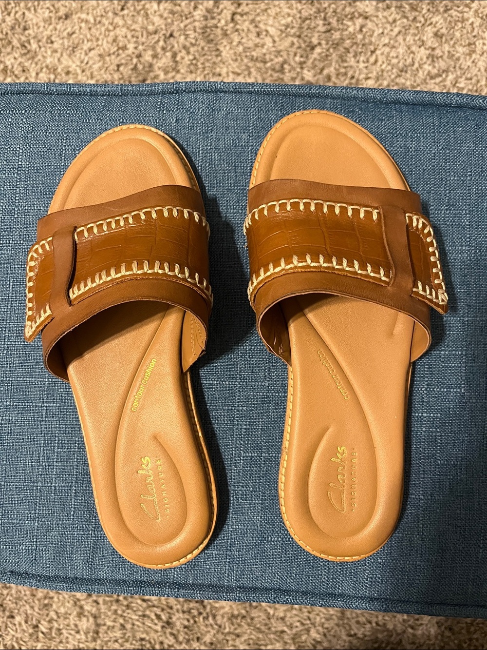 Clarks Tan/Brown Leather Slide Sandals with Stitch Detail - Picture 3 of 4